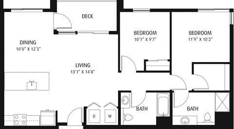 Floor plan for 2 beds, 2 baths, 1093 sqft